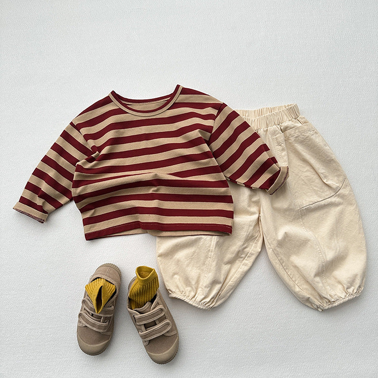 Children's long-sleeved T-shirt spring and autumn versatile new boys and girls Striped retro style round neck loose bottoming shirt top - image 2