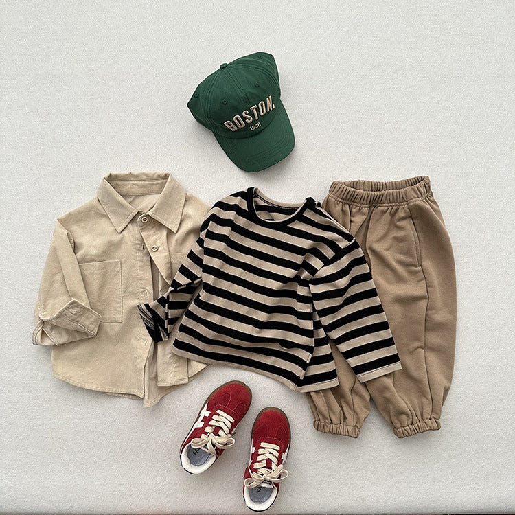 Children's long-sleeved T-shirt spring and autumn versatile new boys and girls Striped retro style round neck loose bottoming shirt top - image 3