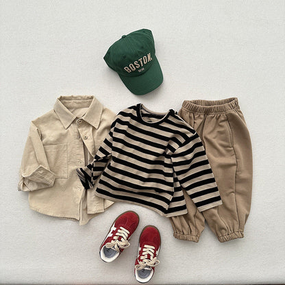 Children's long-sleeved T-shirt spring and autumn versatile new boys and girls Striped retro style round neck loose bottoming shirt top - image 3