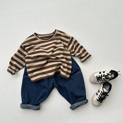 Children's long-sleeved T-shirt spring and autumn versatile new boys and girls Striped retro style round neck loose bottoming shirt top - image 4