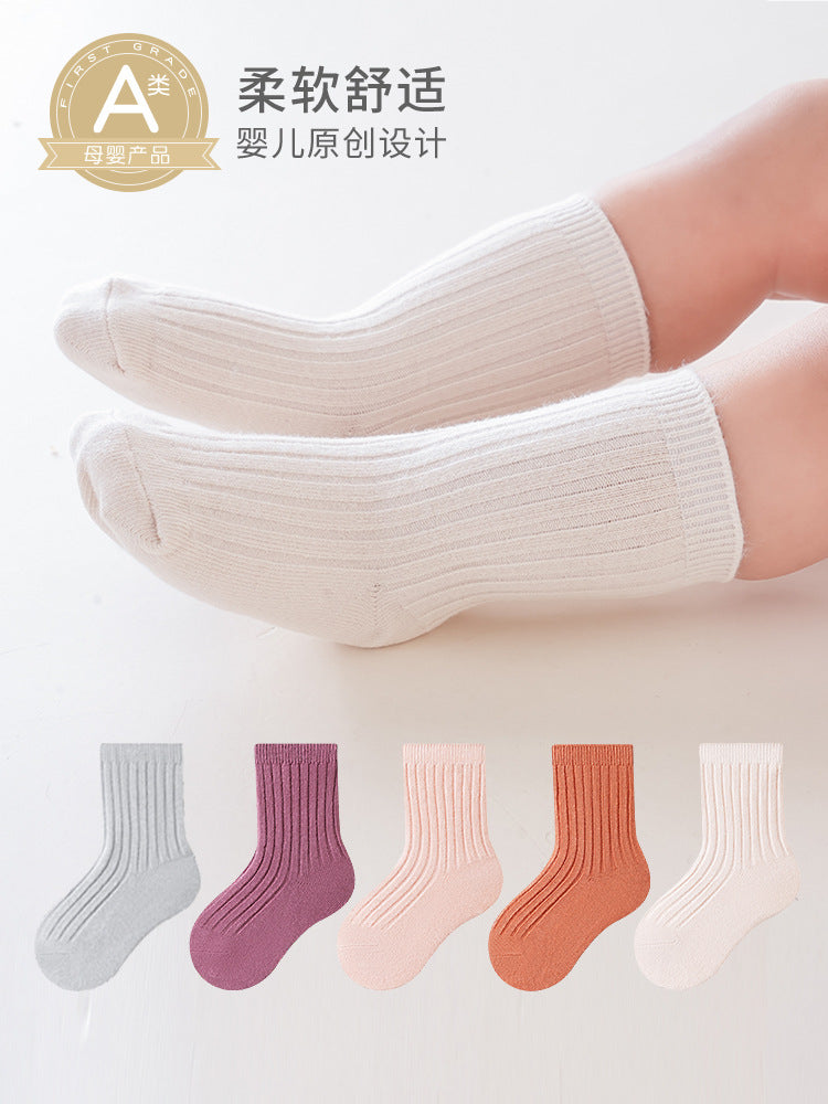 2026 Spring Thick Solid Color Baby Mid-Calf Socks Korean Infant Double Needle Trendy Socks Boys and Girls Pure Cotton Socks Wholesale - image 1