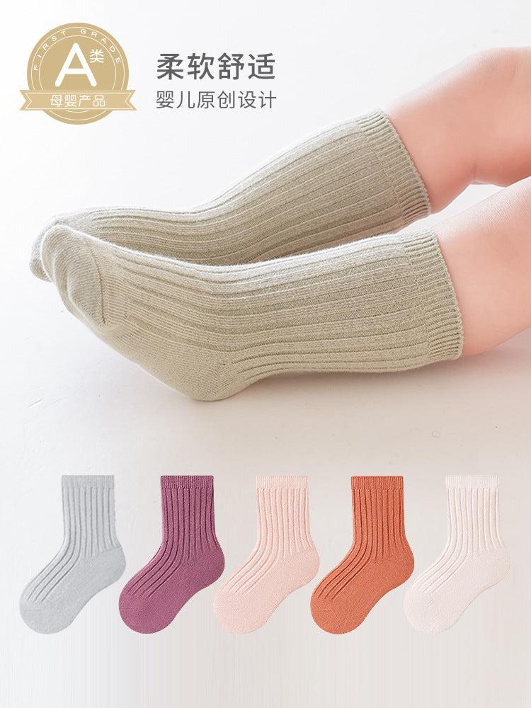 2026 Spring Thick Solid Color Baby Mid-Calf Socks Korean Infant Double Needle Trendy Socks Boys and Girls Pure Cotton Socks Wholesale - image 2