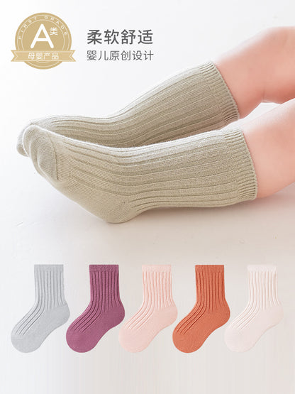 2026 Spring Thick Solid Color Baby Mid-Calf Socks Korean Infant Double Needle Trendy Socks Boys and Girls Pure Cotton Socks Wholesale - image 2