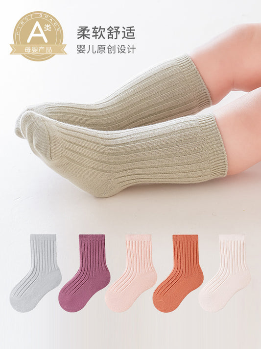 2026 Spring Thick Solid Color Baby Mid-Calf Socks Korean Infant Double Needle Trendy Socks Boys and Girls Pure Cotton Socks Wholesale - image 2