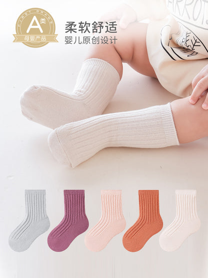 2026 Spring Thick Solid Color Baby Mid-Calf Socks Korean Infant Double Needle Trendy Socks Boys and Girls Pure Cotton Socks Wholesale - image 3