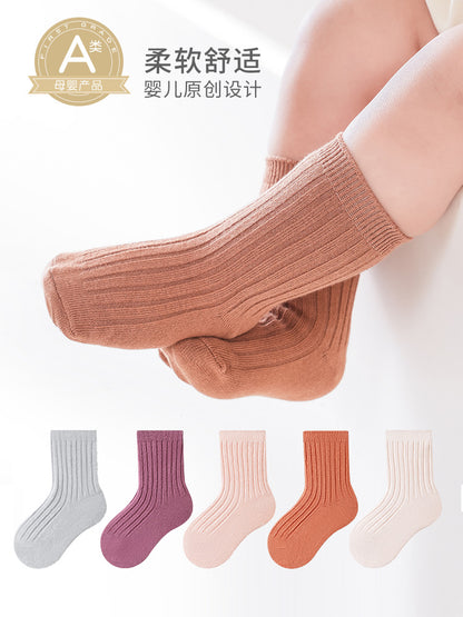 2026 Spring Thick Solid Color Baby Mid-Calf Socks Korean Infant Double Needle Trendy Socks Boys and Girls Pure Cotton Socks Wholesale - image 4