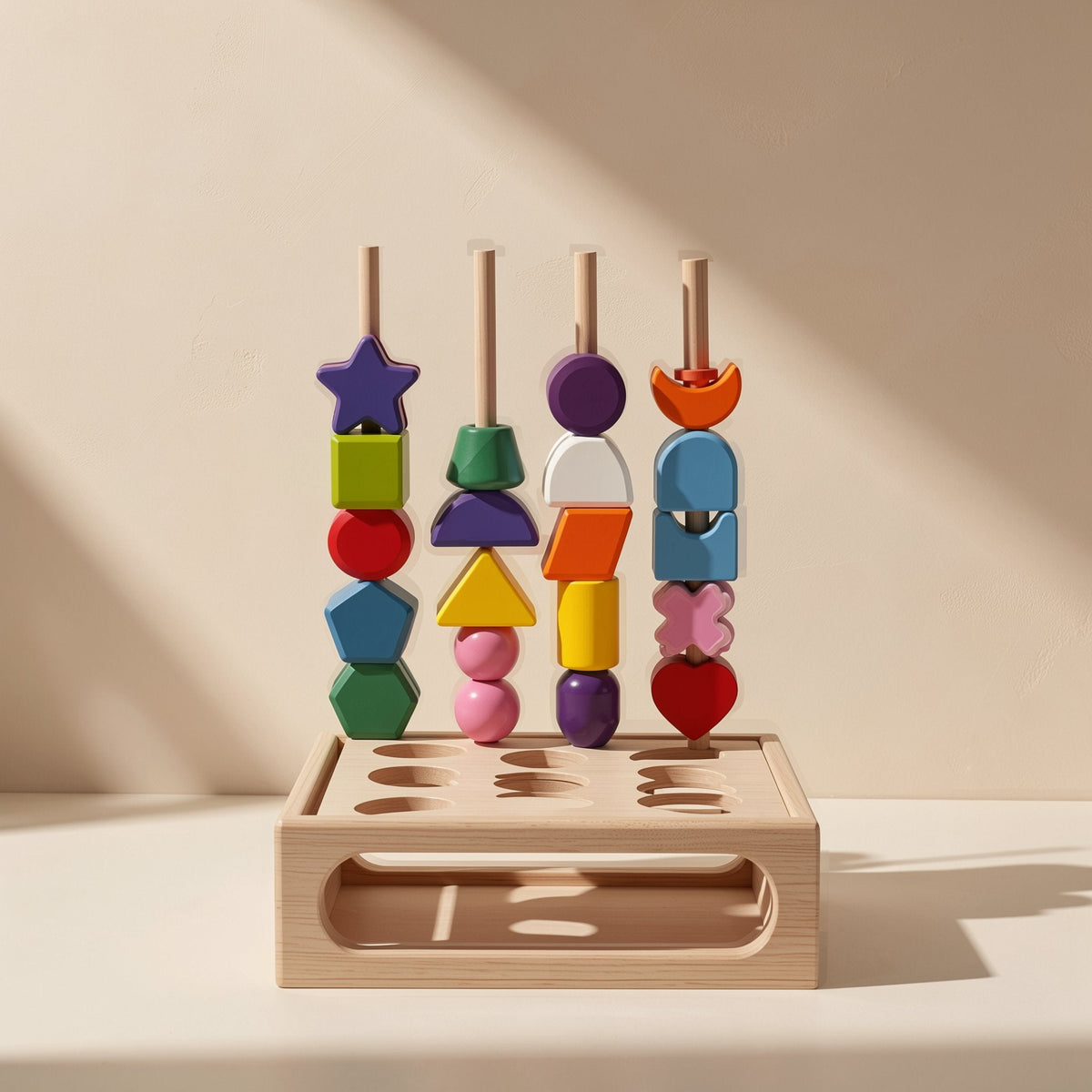 Colorful wooden geometric shape matching and string building blocks - view 2