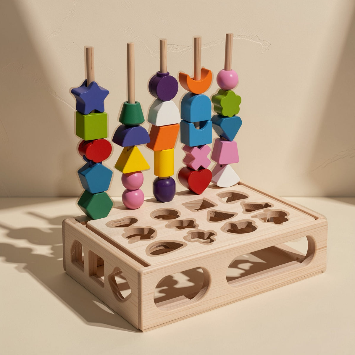 Colorful wooden geometric shape matching and string building blocks - view 3
