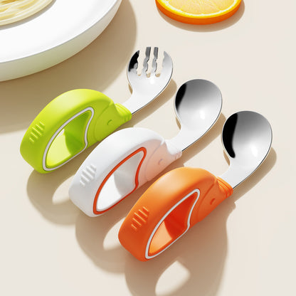 Baby Spoon Stainless Steel Ring Fork Spoon suit Training Supplementary Spoon Children's Tableware Short Handle Learning Silicone Spoon - image 1