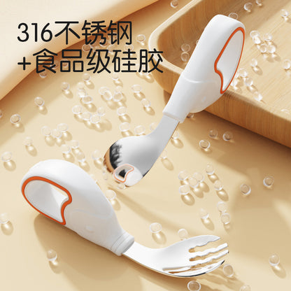 Baby Spoon Stainless Steel Ring Fork Spoon suit Training Supplementary Spoon Children's Tableware Short Handle Learning Silicone Spoon - image 2