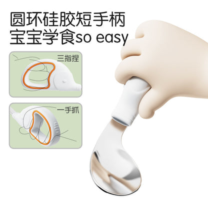 Baby Spoon Stainless Steel Ring Fork Spoon suit Training Supplementary Spoon Children's Tableware Short Handle Learning Silicone Spoon - image 4