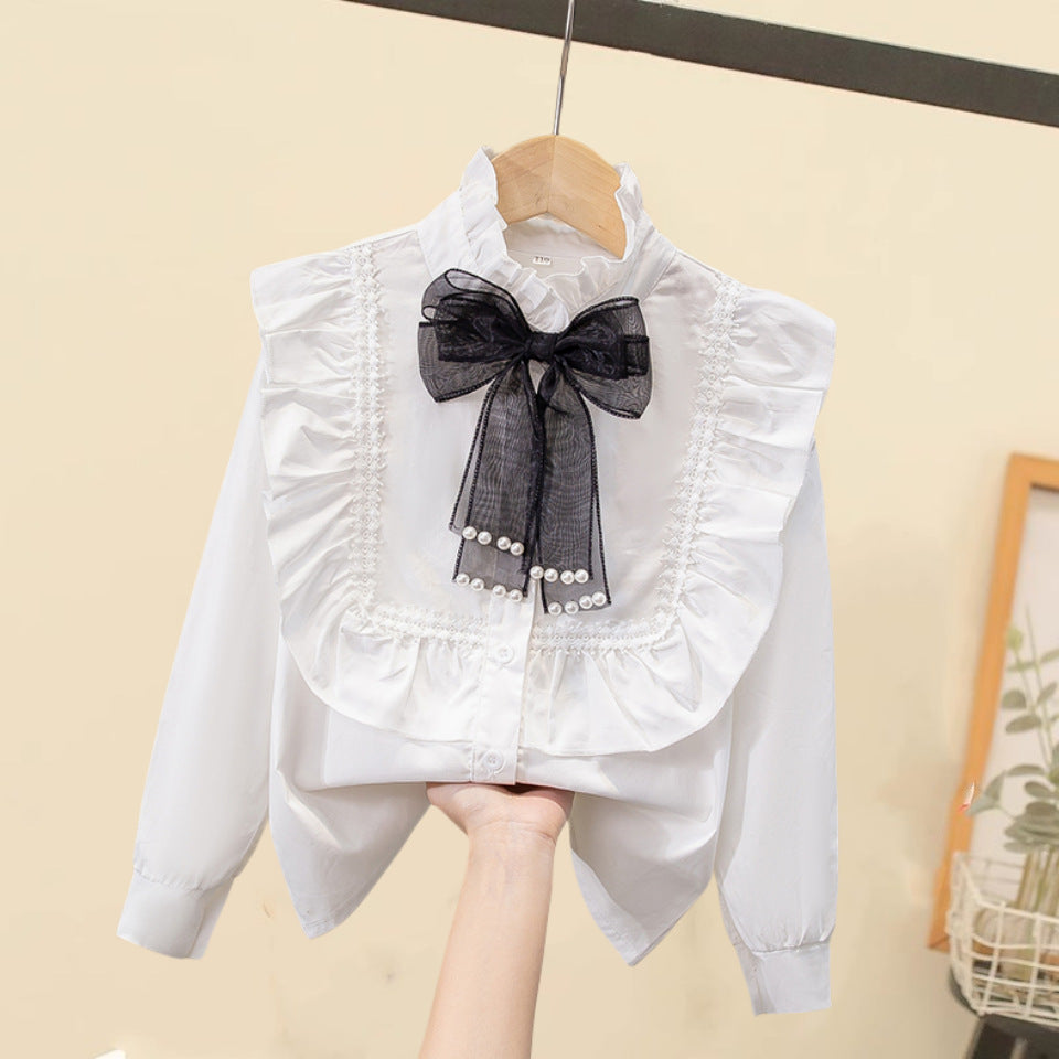 Children's Shirt White Long-Sleeved Spring & Fall Class Uniform Performance Clothing Lace Girls Student Uniform 2025 New Style Girls Spring & Fall - image 2