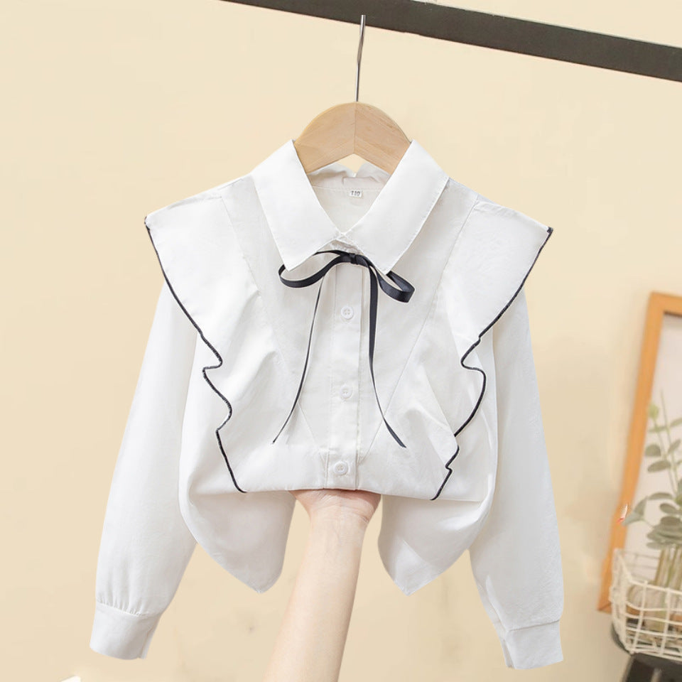Children's Shirt White Long-Sleeved Spring & Fall Class Uniform Performance Clothing Lace Girls Student Uniform 2025 New Style Girls Spring & Fall - image 3