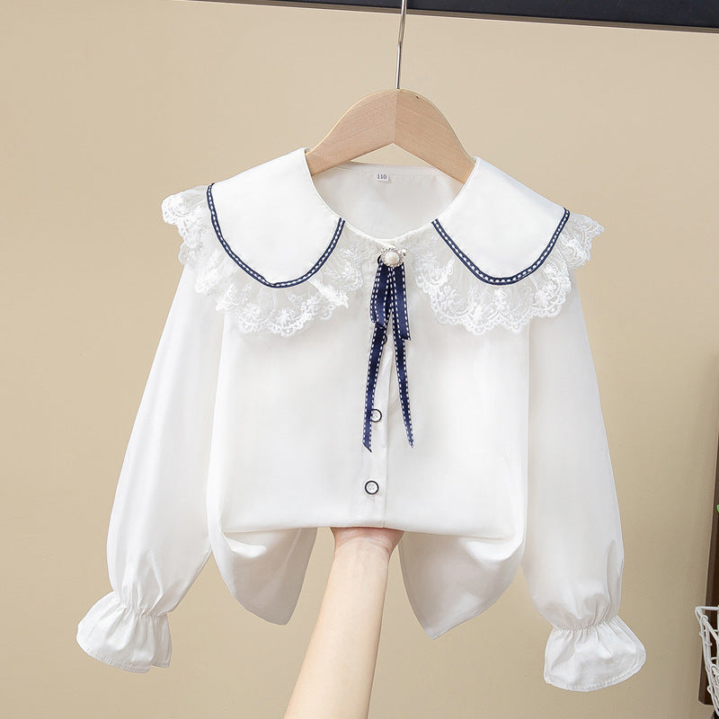 Children's Shirt White Long-Sleeved Spring & Fall Class Uniform Performance Clothing Lace Girls Student Uniform 2025 New Style Girls Spring & Fall - image 4