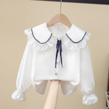 Children's Shirt White Long-Sleeved Spring & Fall Class Uniform Performance Clothing Lace Girls Student Uniform 2025 New Style Girls Spring & Fall - image 4