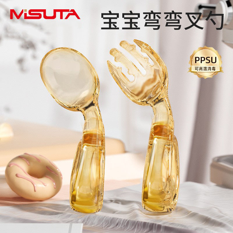 Baby Training Fork and Spoon, Children's Curved Handle Spoon, Short Handle Bent Spoon and Fork, Self-Feeding Supplementary Food Spoon, Portable Tableware for Fe - image 1