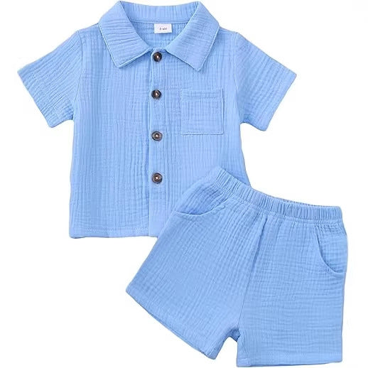 Baby Boy Cotton-linen Solid Color Textured Fabric Lapel Collar