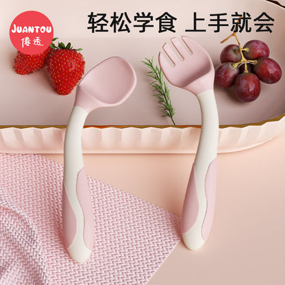 Baby Learn to Eat Training Spoon Elbow Fork Spoon Training suit Baby Supplementary Spoon Curved Children's Tableware - image 1