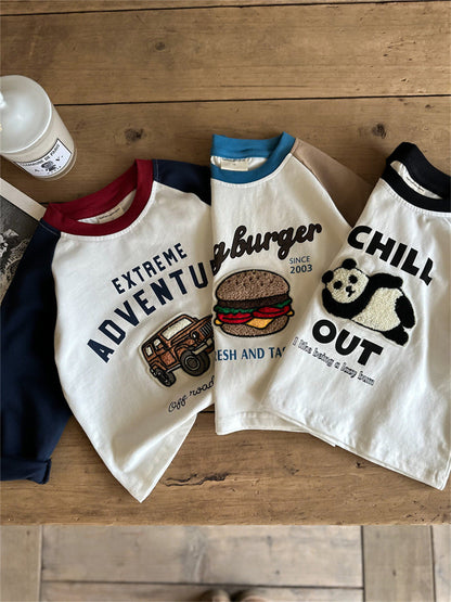 In-Stock Children's T-Shirt, Spring and Autumn Style, Boys' Cartoon Embroidery, All-Cotton T-Shirt, Girls' Stylish Color-Blocking Raglan Sleeve Base Shirt - image 2