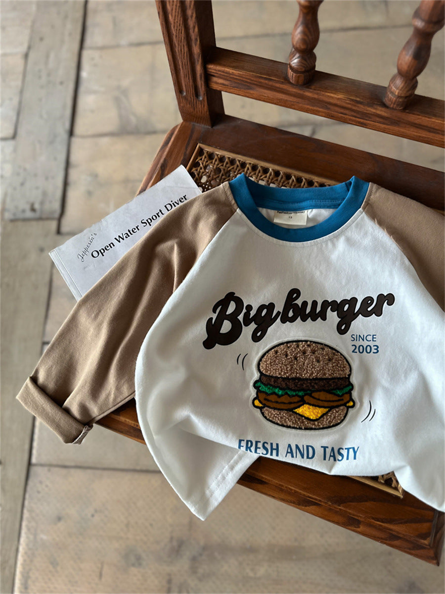 In-Stock Children's T-Shirt, Spring and Autumn Style, Boys' Cartoon Embroidery, All-Cotton T-Shirt, Girls' Stylish Color-Blocking Raglan Sleeve Base Shirt - image 5