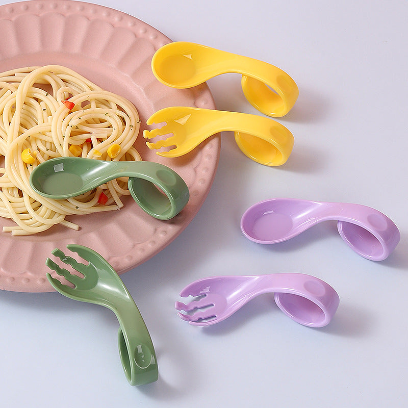 Baby eating training auxiliary spoon ingot spoon head bend handle training fork spoon self-feeding elbow auxiliary spoon fork - image 1