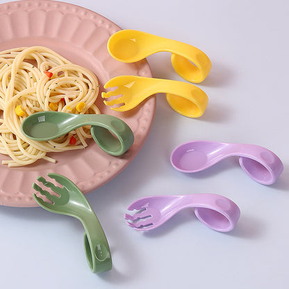 Baby eating training auxiliary spoon ingot spoon head bend handle training fork spoon self-feeding elbow auxiliary spoon fork - image 1