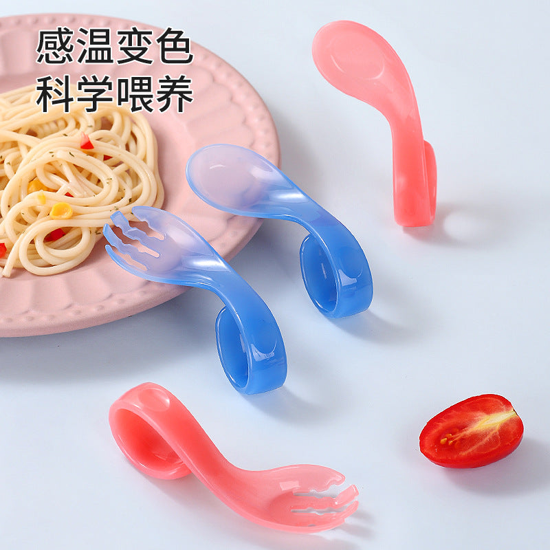 Baby eating training auxiliary spoon ingot spoon head bend handle training fork spoon self-feeding elbow auxiliary spoon fork - image 2