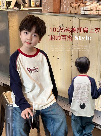 Aimo Beibei 2026 Spring and Autumn Raglan Long Sleeve Pure Cotton T-Shirt for Boys, Stylish Color-Block Letter Top - image 1