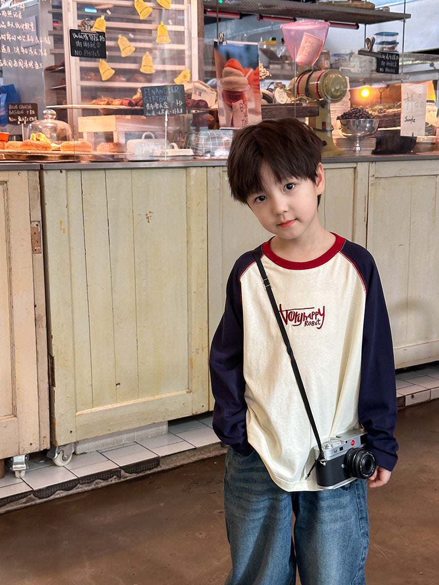 Aimo Beibei 2026 Spring and Autumn Raglan Long Sleeve Pure Cotton T-Shirt for Boys, Stylish Color-Block Letter Top - image 2