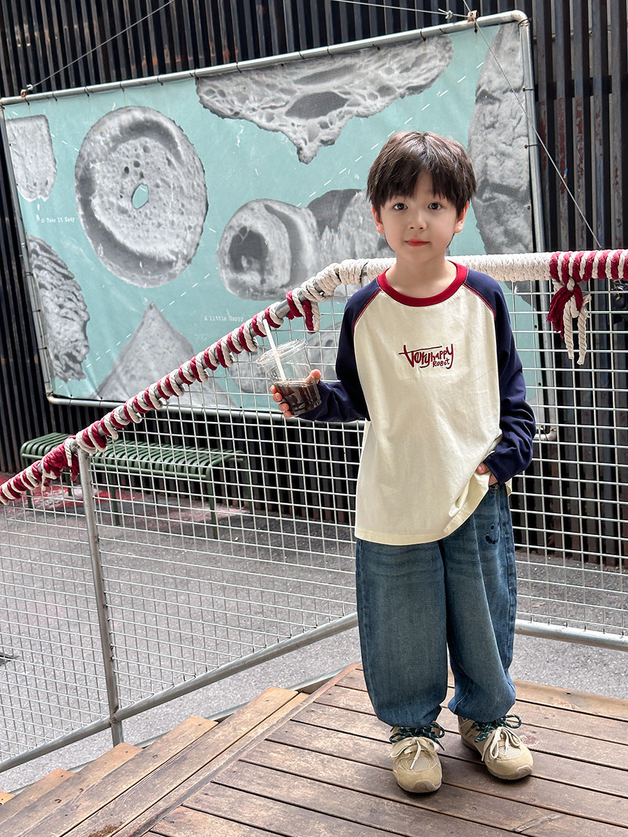 Aimo Beibei 2026 Spring and Autumn Raglan Long Sleeve Pure Cotton T-Shirt for Boys, Stylish Color-Block Letter Top - image 3