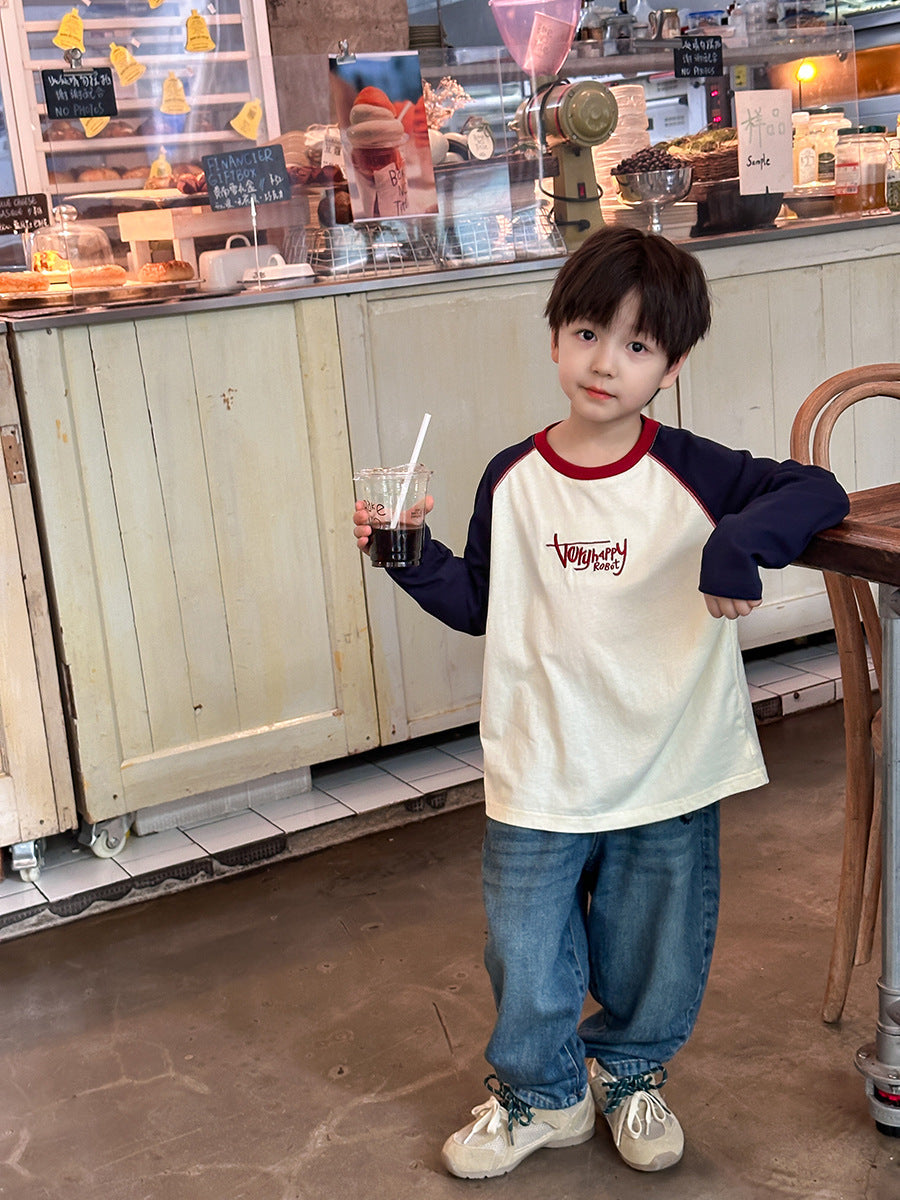 Aimo Beibei 2026 Spring and Autumn Raglan Long Sleeve Pure Cotton T-Shirt for Boys, Stylish Color-Block Letter Top - image 4