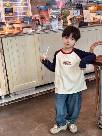 Aimo Beibei 2026 Spring and Autumn Raglan Long Sleeve Pure Cotton T-Shirt for Boys, Stylish Color-Block Letter Top - image 4