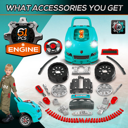 Mechanic Kids Truck Engine Toy Set, Car Service Play Set, Teal