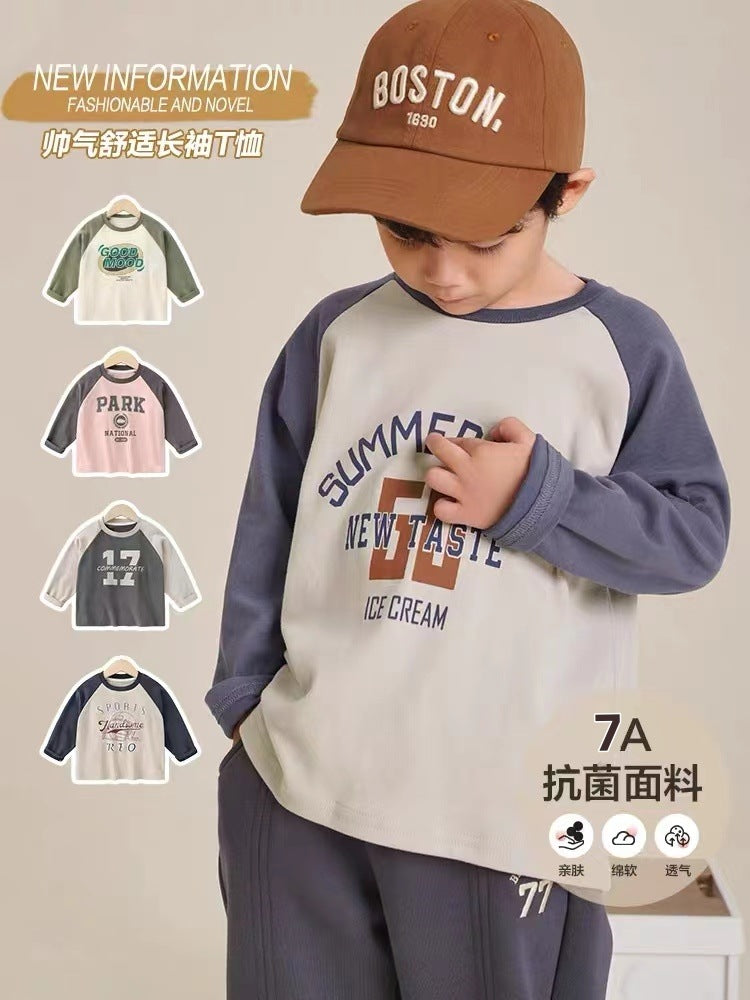 [7A Antibacterial] AINI Children's Printed Long-sleeved T-shirt with Korean Spring and Autumn Children's Wear Baby Crewneck Base Shirt - image 1