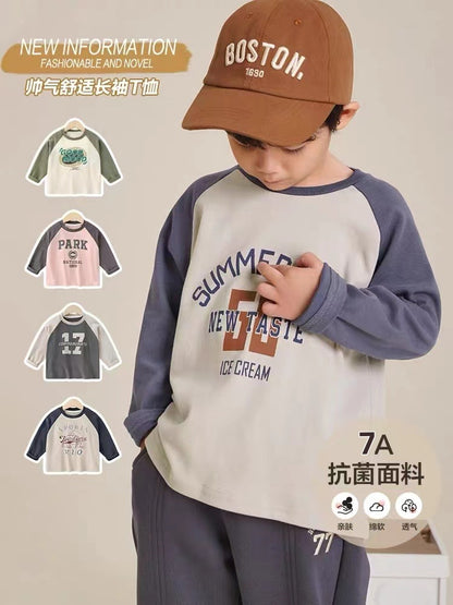 [7A Antibacterial] AINI Children's Printed Long-sleeved T-shirt with Korean Spring and Autumn Children's Wear Baby Crewneck Base Shirt - image 1