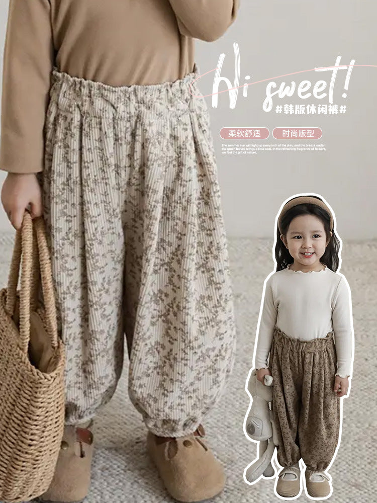 Girls' Autumn and Winter Floral Corduroy Trousers Baby Cute Loose Korean Style Leg Casual Pants Printed Children's Wear - image 1