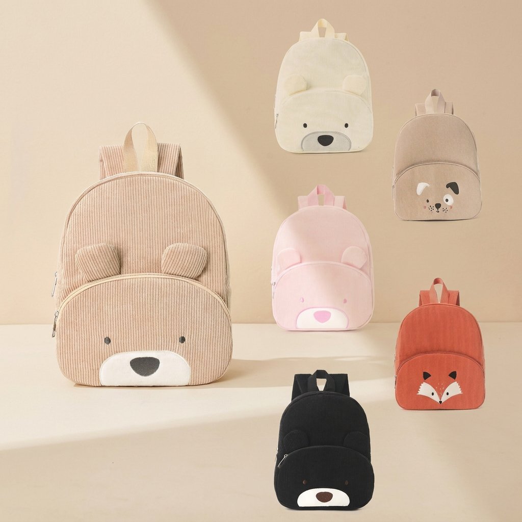 Corduroy animal-pattern backpack with a curved shoulder strap