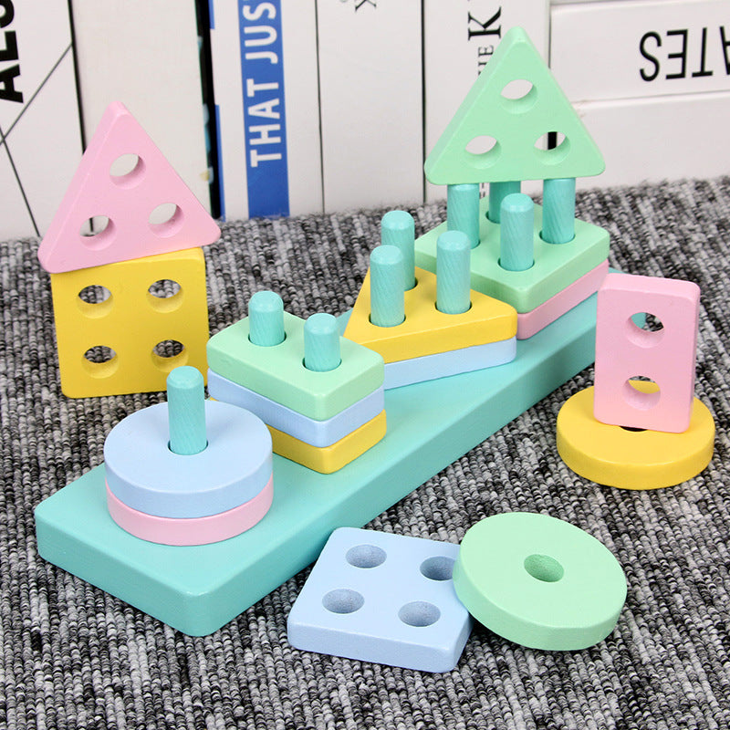 Wooden Macarons Four Sets of Columns Geometric Matching Toy Building Blocks 1-2-3 Years Old Boys and Girls Children's Educational - image 2