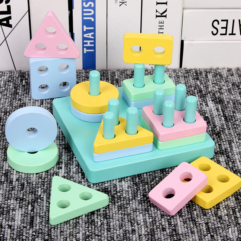 Wooden Macarons Four Sets of Columns Geometric Matching Toy Building Blocks 1-2-3 Years Old Boys and Girls Children's Educational - image 3