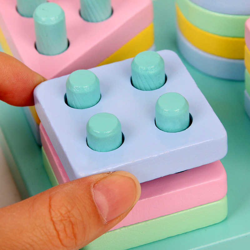 Wooden Macarons Four Sets of Columns Geometric Matching Toy Building Blocks 1-2-3 Years Old Boys and Girls Children's Educational - image 4
