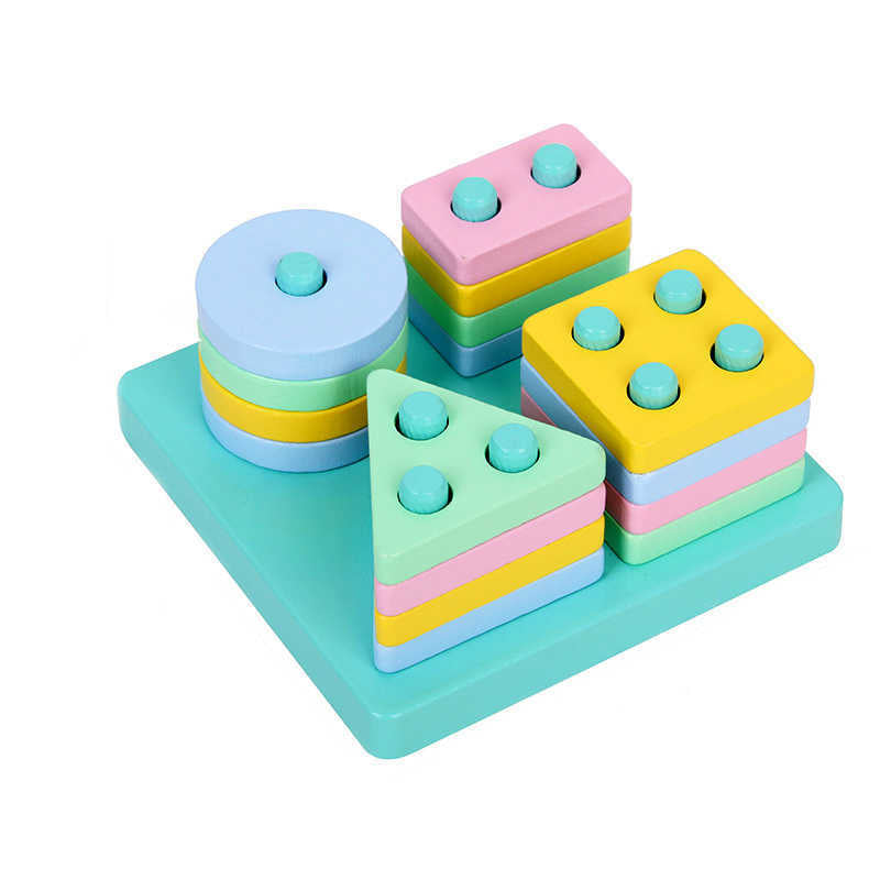 Wooden Macarons Four Sets of Columns Geometric Matching Toy Building Blocks 1-2-3 Years Old Boys and Girls Children's Educational - image 5