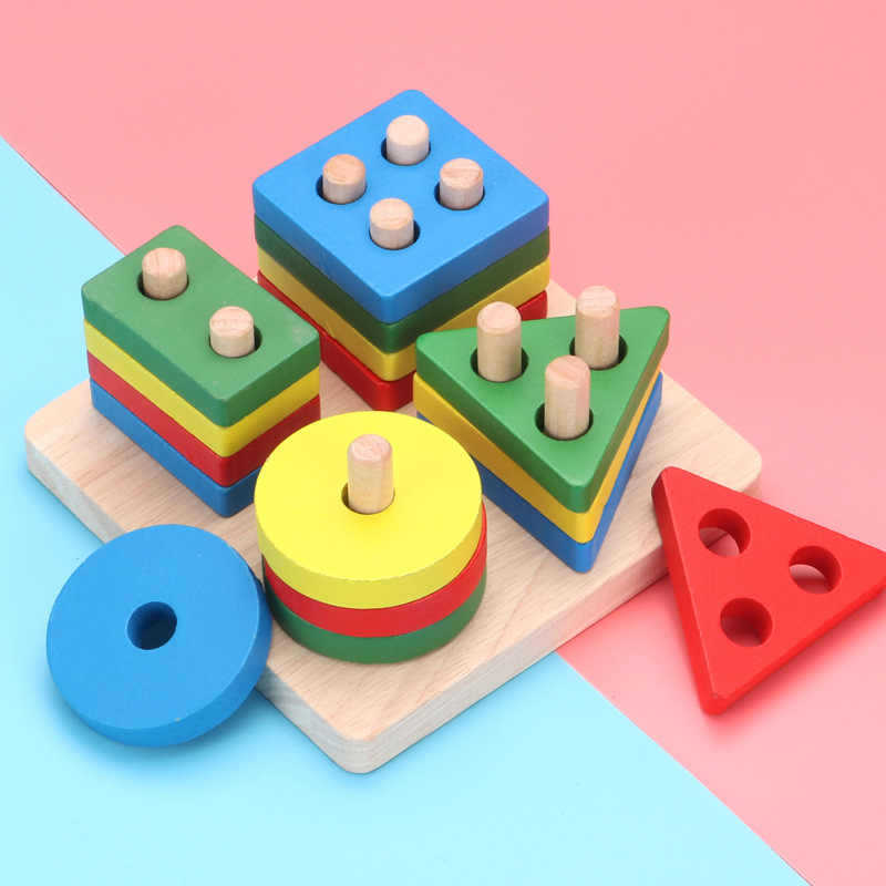 Geometric Shape of Four Sets of Columns of Log Understanding Matching Sets of Columns Building Blocks Kindergarten Baby Early Education Children's Educational T - image 1