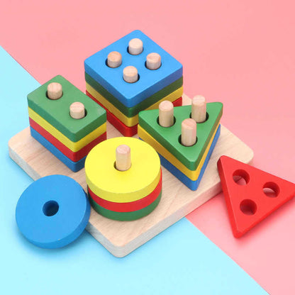 Geometric Shape of Four Sets of Columns of Log Understanding Matching Sets of Columns Building Blocks Kindergarten Baby Early Education Children's Educational T - image 1