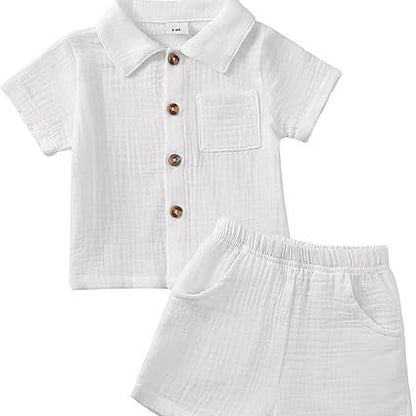 Baby Boy Cotton-linen Solid Color Textured Fabric Lapel Collar