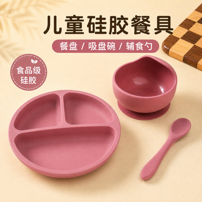 Food-Grade Silicone Baby Plate, Suction Cup Bowl, Complementary Food Spoon Set, Children's Divided Anti-Fall Tableware, Baby Learning to Eat - image 1