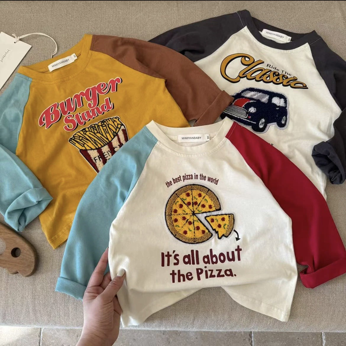Children's T-shirt 2025 spring new boys and girls three-dimensional towel sleeve long sleeve shirt baby contrast base - image 1