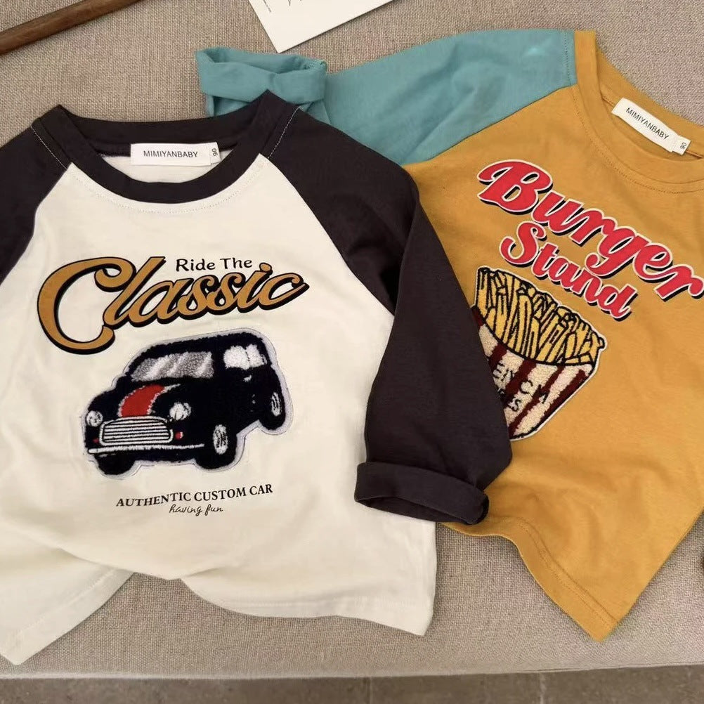 Children's T-shirt 2025 spring new boys and girls three-dimensional towel sleeve long sleeve shirt baby contrast base - image 3