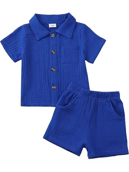 Baby Boy Cotton-linen Solid Color Textured Fabric Lapel Collar