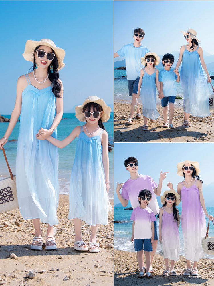 New Parent-child Dress Sanya Beach Seaside Travel Vacation Dress Gradient Bohemian Mother and Daughter Sling dress - image 1