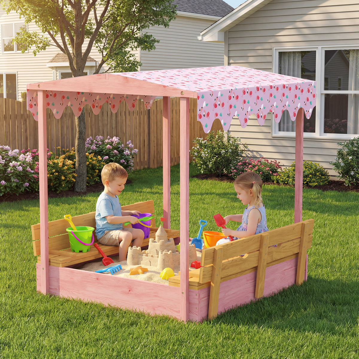 Wooden Sandbox with Cover, Kids Sandbox Outdoor with Seat,